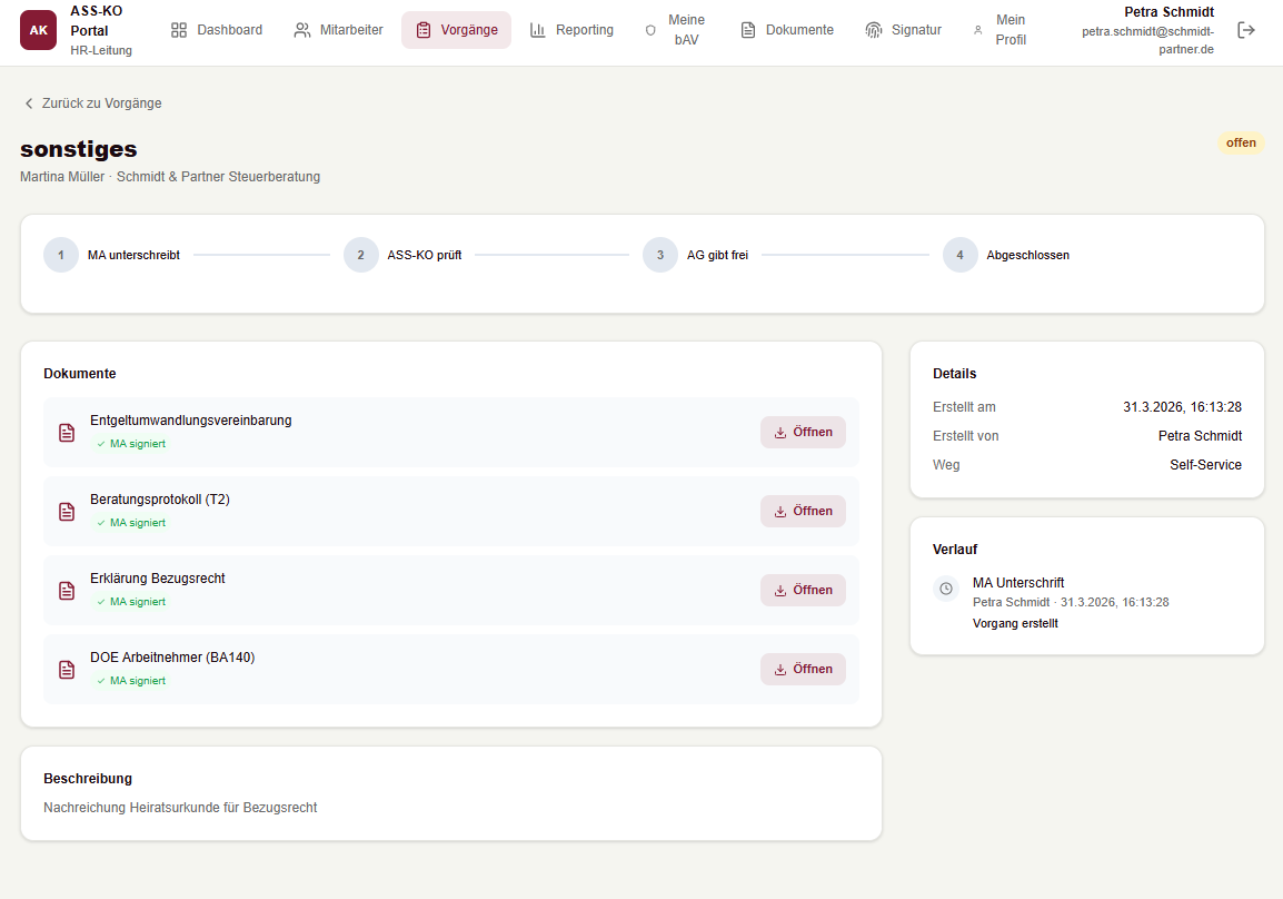 Vorgangsdetail — Dokumente, Unterschriften und Freigaben lückenlos dokumentiert