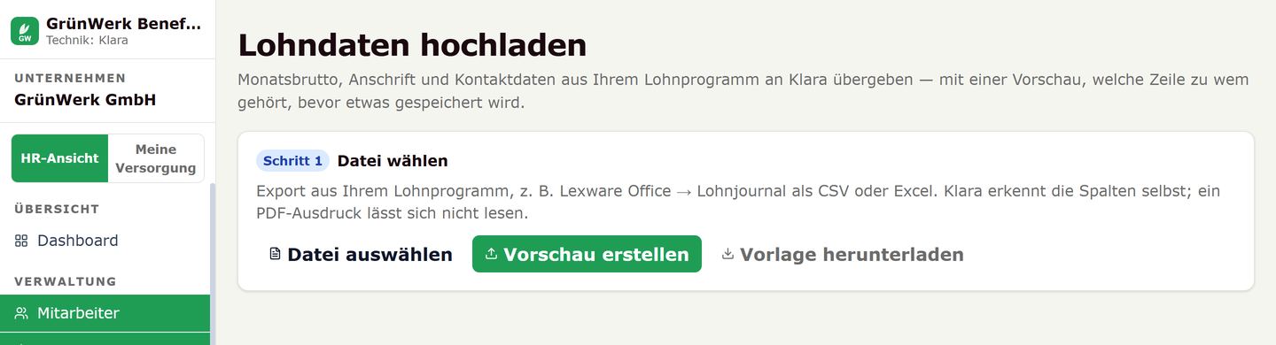 Lohndaten hochladen: Datei aus dem Lohnprogramm wählen und Vorschau erstellen. Demodaten.