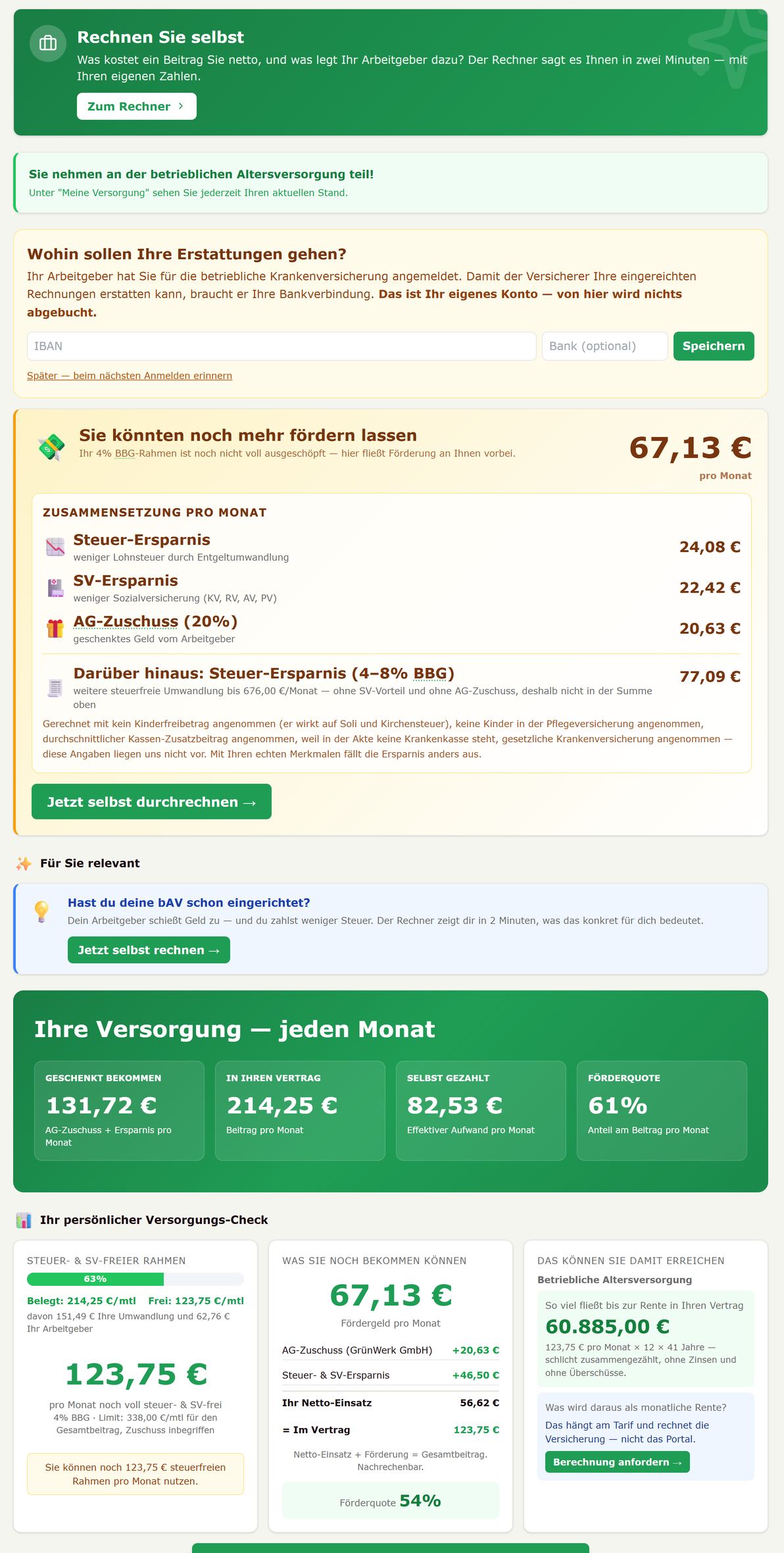 Startseite im Portal einer Mitarbeiterin des Demo-Mandanten: Rechner, Förderrahmen, monatliche Versorgung und persönlicher Versorgungs-Check. Beispiel einer Mitarbeiterin, Demodaten.