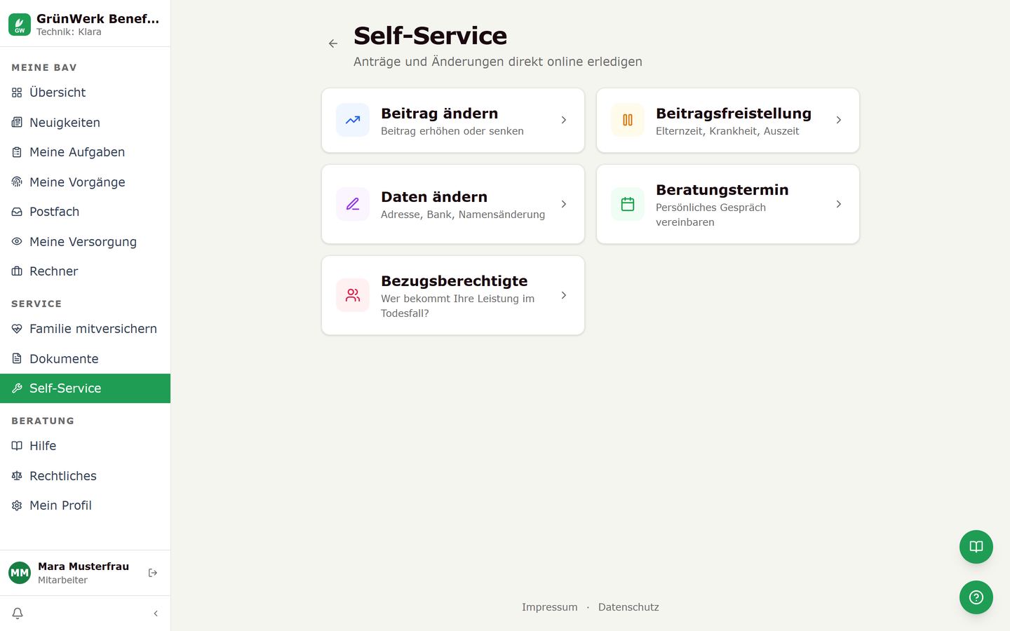 Self-Service im Portal: Beitrag ändern, Beitragsfreistellung, Daten ändern, Beratungstermin, Bezugsberechtigte. Demodaten.